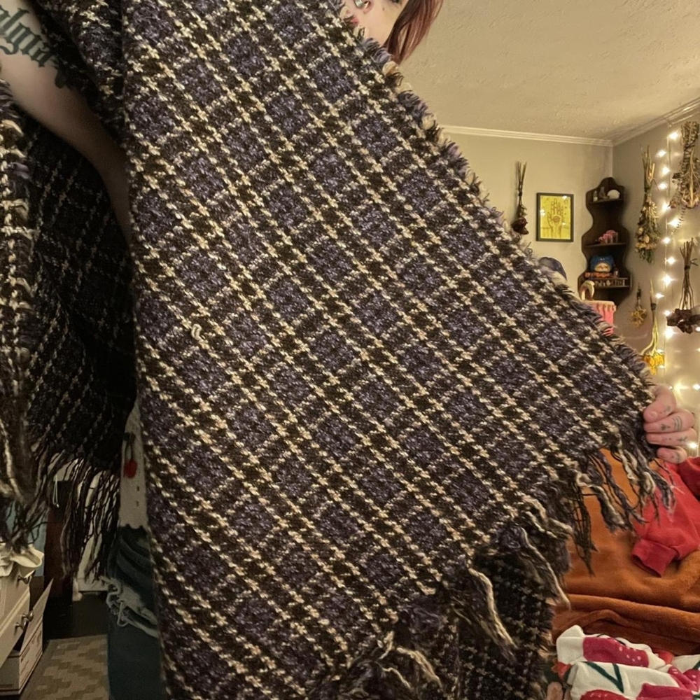 Vintage Open Front Plaid Poncho Shawl Wrap Tweed Open Size - Picture 3 of 6